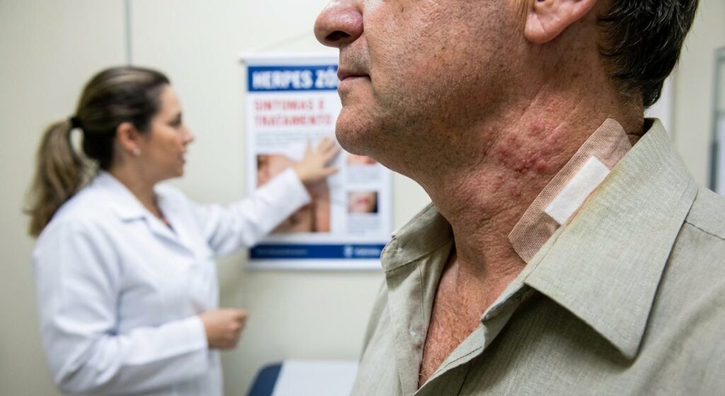 herpes zoster no pescoço de um paciente em um hospital.